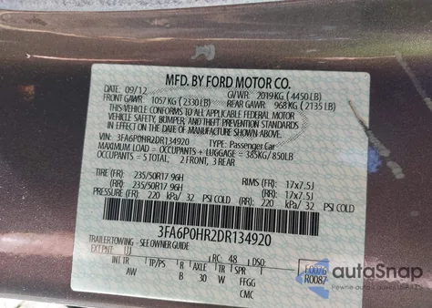 2013 Ford Fusion Se z USA, uszkodzony, nr VIN 3FA6P0HR2DR134920